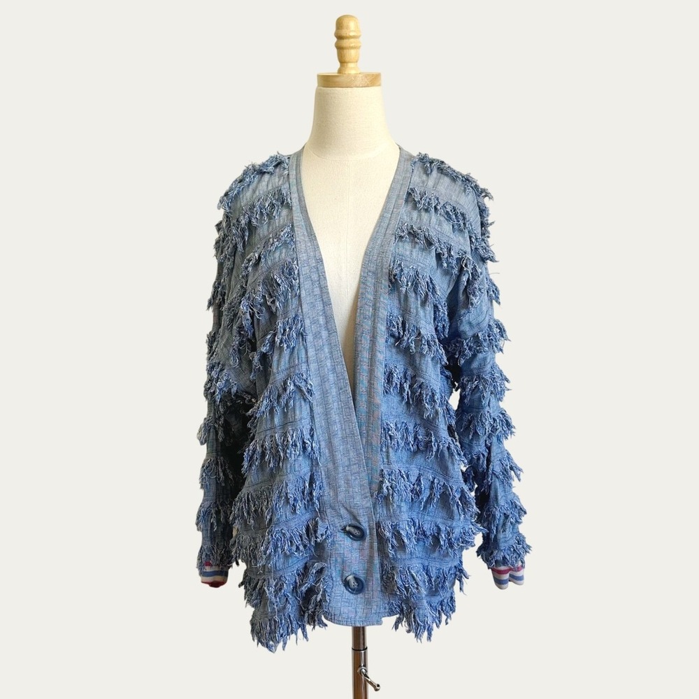 VTG Paula Sweet Shaggy Muslin Mink Cardigan Small Oversized Fringe Blue Artsy